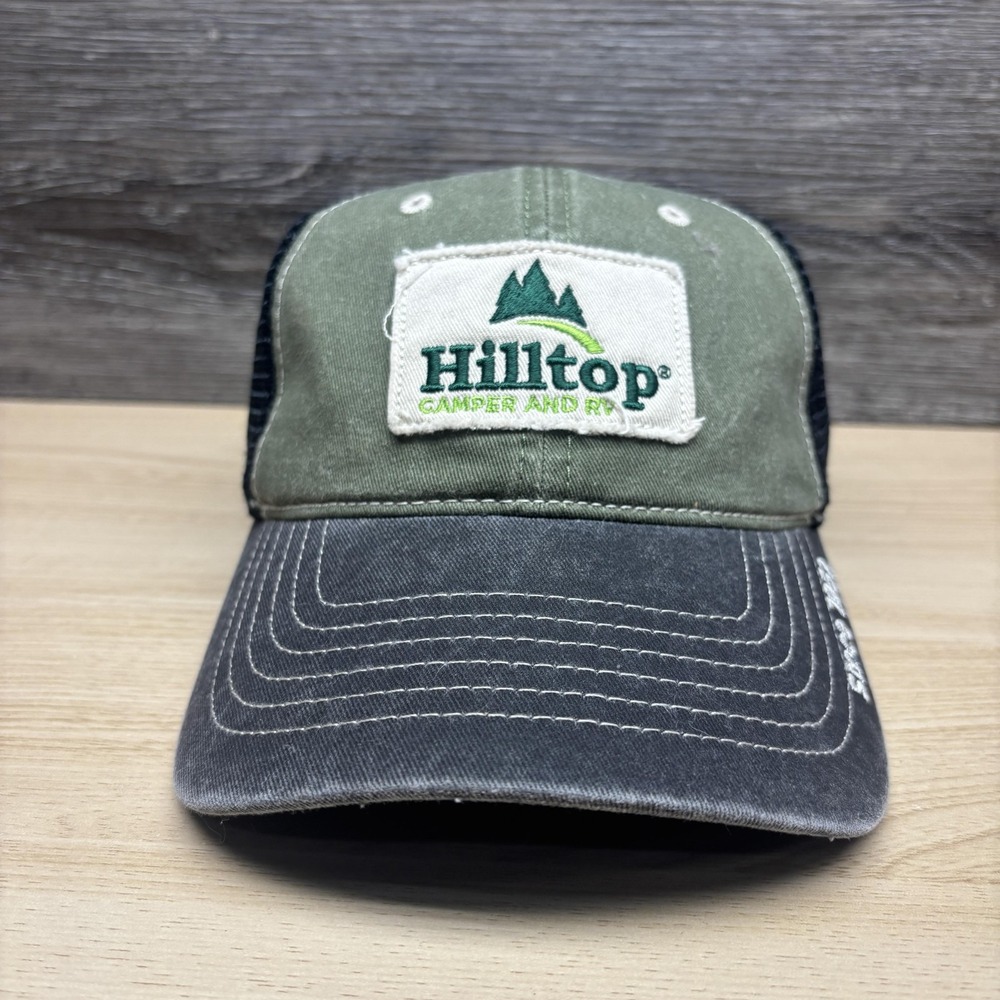 Hilltop Camper And RV Hat Cap Snap Back Green Black Trucker Mesh Patch Mens
